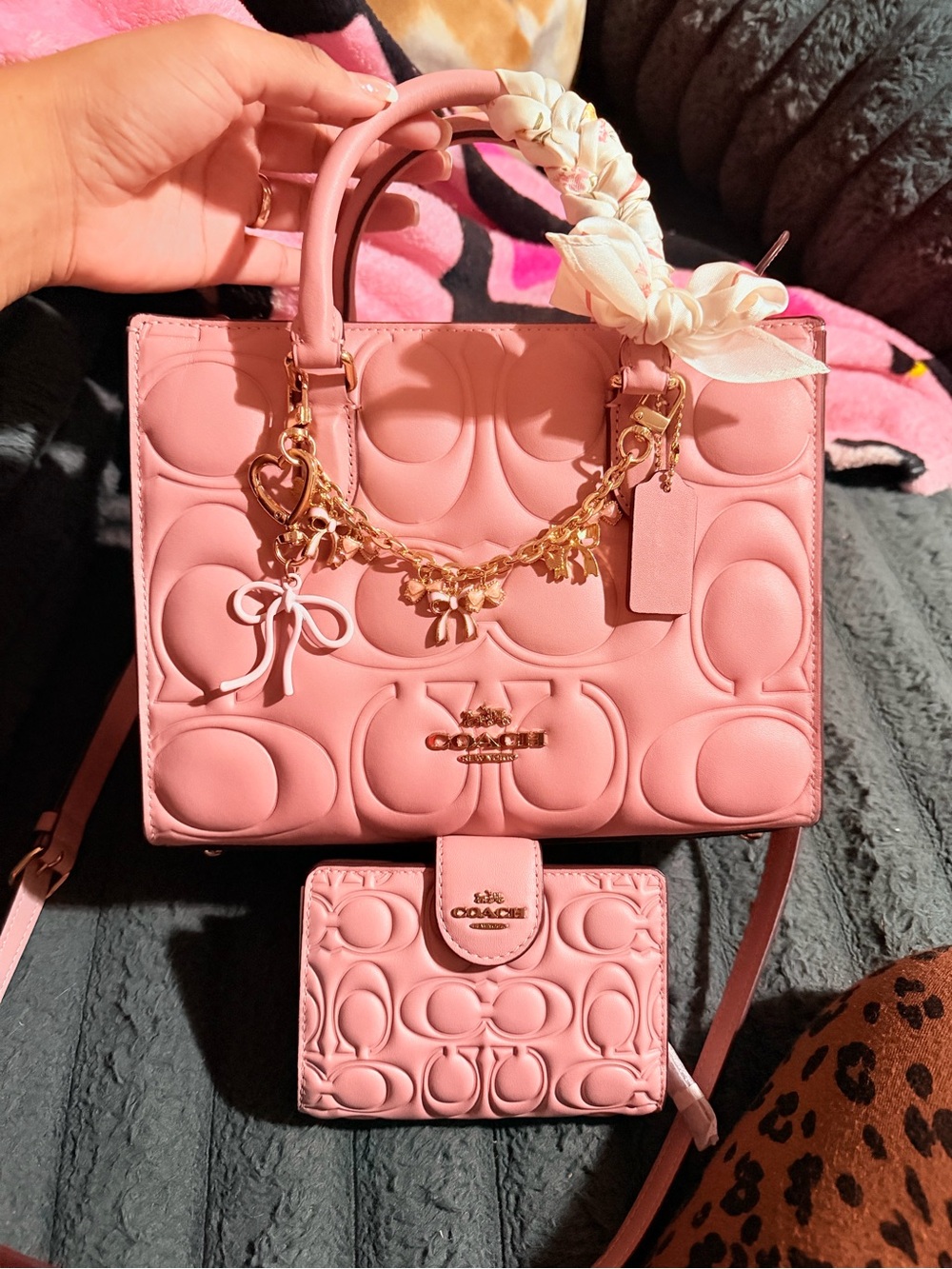 Coach Pink Quilted Signature Satchel with Matching Wallet pink petal